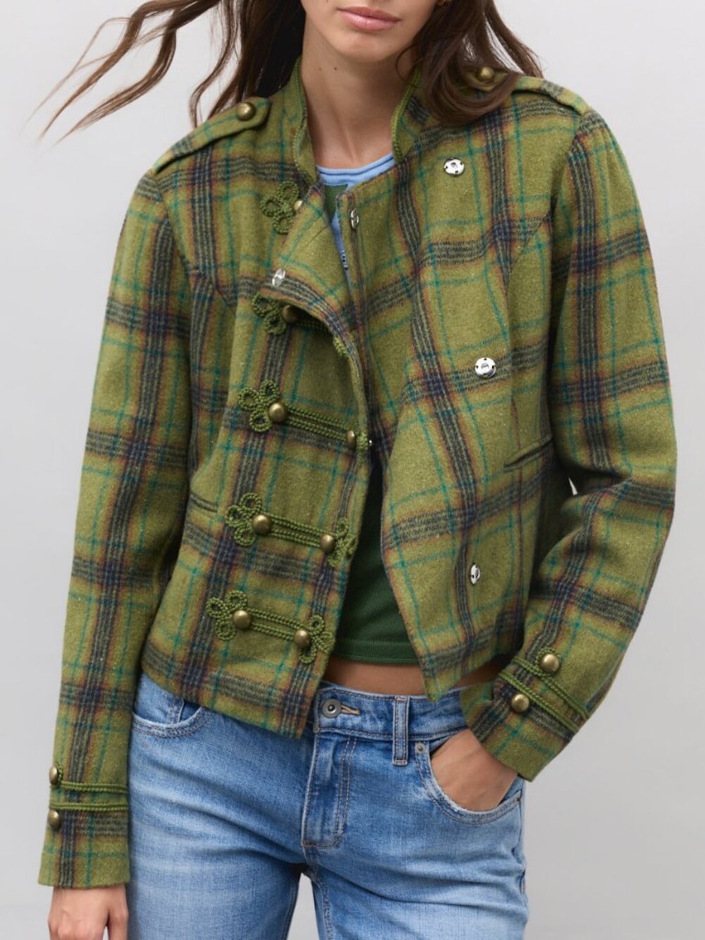 Green Women's Casual Jacket With Checks Military Look Buttons
